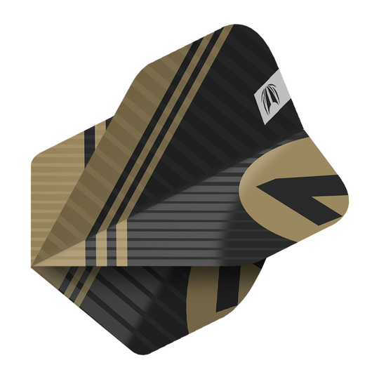 337219_Target_ProUltra_3Sets_Chicane_Black_No2_Standard_Flights_2 Das Bild zeigt einen schwarzen Dartflight mit goldenen Streifen und Mustern. Es handelt sich um das Produkt "Target Pro Ultra Chicane Black No2 Standard Flights - 3 Sets".