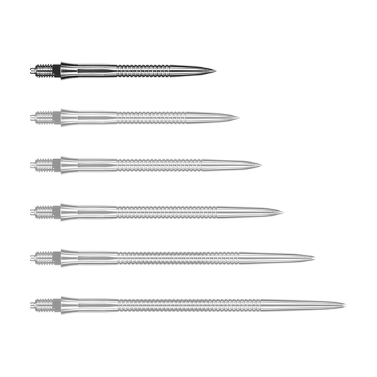 Caliburn EZ-EVO dart tips - Grooved - Silver Das Bild zeigt eine silberne Dartspitze mit Rillen. Die Dartspitze ist 28 mm lang.