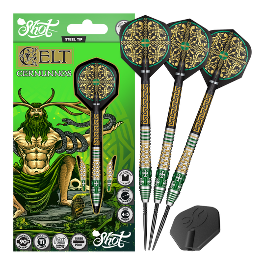Das Produktfoto zeigt mehrere Shot Celt Cernunnos TurboPoints Steeldarts. Die Darts sind als Gruppe abgebildet.