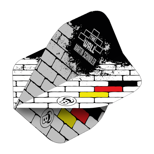 Das Bild zeigt die Bulls B-Star Martin Schindler White No2 Standard Flights. Das Design erinnert an eine weiße Backsteinmauer mit den Farben der deutschen Flagge und dem Text "The Wall Martin Schindler".