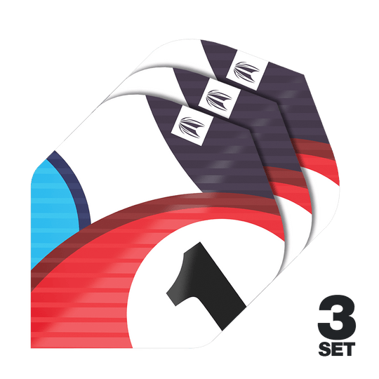 Target Pro Ultra Chicane Blue No2 Standard Flights - 3 sets Das Bild zeigt drei Sätze von Target Pro Ultra Chicane Blue No2 Standard Flights. Die Flights sind bunt gestaltet und rechts unten steht "3 Set".