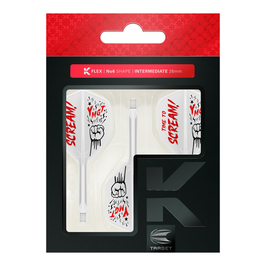 Target Japan K-Flex Scream No6 Flight Shaft System Das Bild zeigt das Produkt „Target Japan K-Flex Scream No6 Flight-Shaft-System“ in seiner Verpackung. Die Flights sind weiß mit roten und schwarzen Grafiken und dem Schriftzug „TIME TO SCREAM!“.