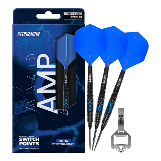 Auf dem Foto sind die Red Dragon AMP Torpedo Switch Point Steeldarts vollständig abgebildet. Diese Steeldarts sind ideal für Dartspieler und bieten hohe Qualität.