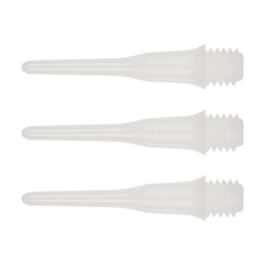SLIP-W-Short_Lippoints_50er_White_1 Das Bild zeigt drei kurze, durchsichtige Spitzen mit Gewinde. Es handelt sich um "Short Lippoints" aus einer 50er Packung für Dartpfeile.