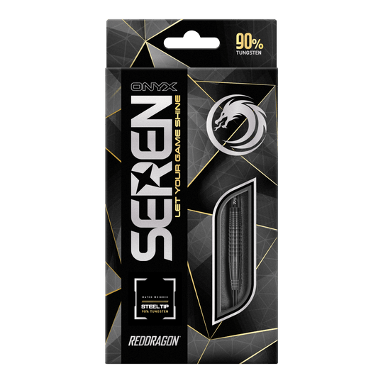 Das Bild zeigt die Verpackung der "Red Dragon Seren 4 Onyx Steeldarts". Auf der Verpackung steht, dass die Darts aus 90% Tungsten bestehen.