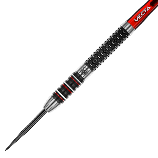 1491_Winmau_Florian_Hempel_Steeldarts_2 Dies ist ein Steeldart mit einer Metallspitze und einem strukturierten Griffbereich. Der Schaft ist überwiegend schwarz und silber mit roten Akzenten und der Aufschrift „VECTA“.