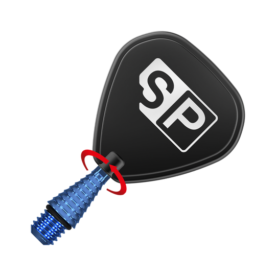 380176_Target_Titanium_Swiss_Point_Grooved_Conversion_Points_Blau_3 Das Bild zeigt eine Dartspitze mit einem schwarzen Flightschutz und der Aufschrift „SP“. Die blaue, gerillte Spitze wird durch einen roten Pfeil in einer Drehbewegung dargestellt.