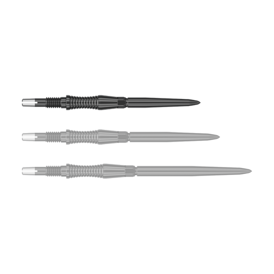 Das Bild zeigt eine Target Swiss Point Dartspitze Signature RST in Schwarz, 30mm. Die Dartspitze hat eine strukturierte Oberfläche und ein modernes Aussehen.