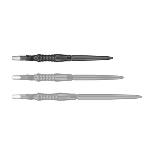 Target Swiss Point Dart Tips Signature RST - Black Das Bild zeigt eine Target Swiss Point Dartspitze Signature RST in Schwarz, 30mm. Die Dartspitze hat eine strukturierte Oberfläche und ein modernes Aussehen.
