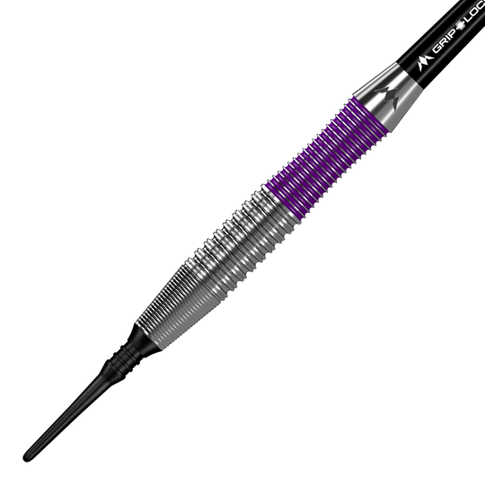 Mission Phantom Brass Soft Darts - 18g Das Bild zeigt den Mission Phantom Brass Softdart mit einem Gewicht von 18 Gramm. Der Dart hat ein silbernes Griffstück mit lila Akzenten und einer schwarzen Spitze.