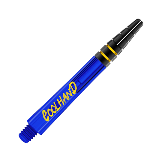 Red Dragon Nitrotech Luke Humphries Coolhand Shafts - Blue Das Bild zeigt einen blauen Dart-Schaft mit der gelben Aufschrift "COOLHAND". Der obere Teil des Schafts ist schwarz mit zwei goldenen Ringen.