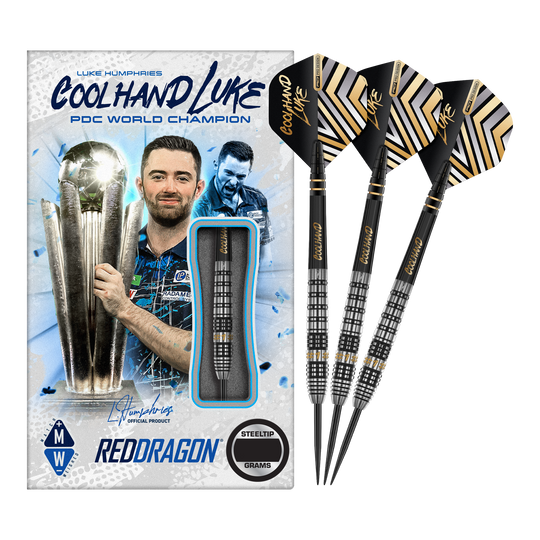 Red Dragon Luke Humphries Prestige Steel Darts Das Bild zeigt eine Packung "Red Dragon Luke Humphries Prestige Steeldarts" mit einem Bild von Luke Humphries als PDC Weltmeister. Neben der Verpackung sind drei schwarz-silberne Steeldarts mit speziellen Flights abgebildet.