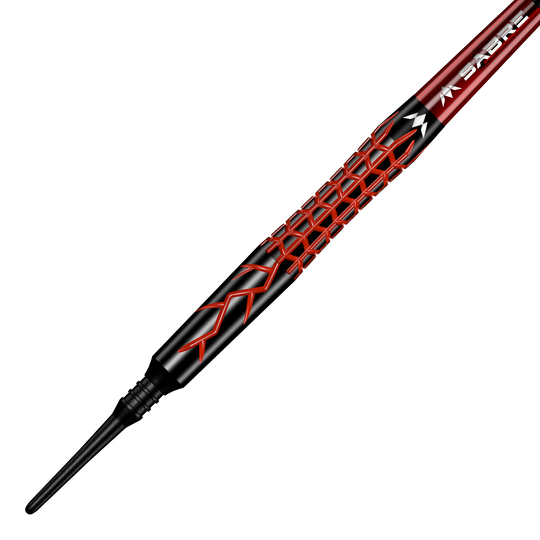 Mission Lava Softdarts - 20g Das Bild zeigt den Mission Lava Softdart mit einem Gewicht von 20 Gramm. Der Dartpfeil hat ein auffälliges schwarzes und rotes Design mit geometrischem Muster auf dem Griff.