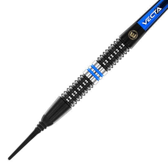 Winmau Galactics soft darts - 20g Das Bild zeigt einen Winmau Galactics Softdart mit einem Gewicht von 20 Gramm. Der Dart hat ein schwarzes Griffteil mit silbernen und blauen Akzenten.