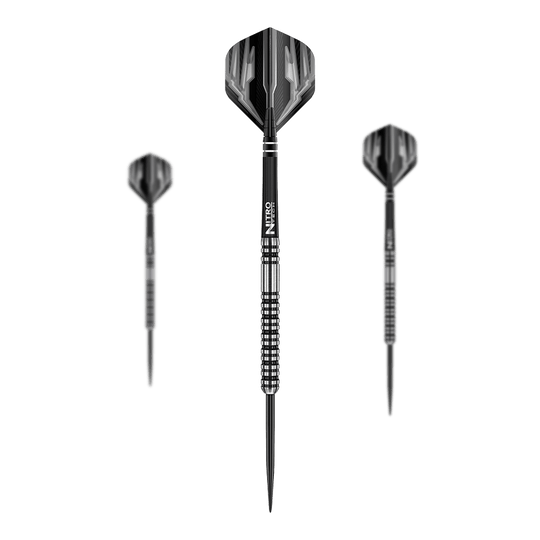 Red Dragon Dragonfly 3 steel darts Das Bild zeigt drei Steeldarts des Modells "Red Dragon Dragonfly 3". Die Darts haben ein schwarz-silbernes Design mit strukturiertem Griff.