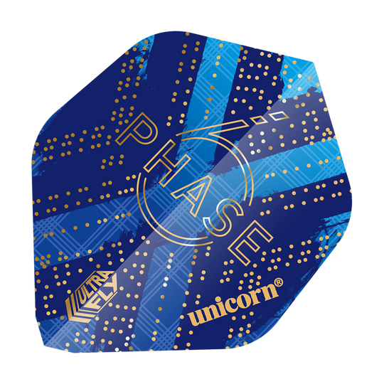 69453_Unicorn_World_Champion_Gary_Anderson_Phase_6_AR1_Flights_1 Das Bild zeigt ein Dart-Flight mit einem blauen Design und goldenen Punkten. Auf dem Flight stehen die Wörter "PHASE", "ULTRA FLY" und "unicorn".