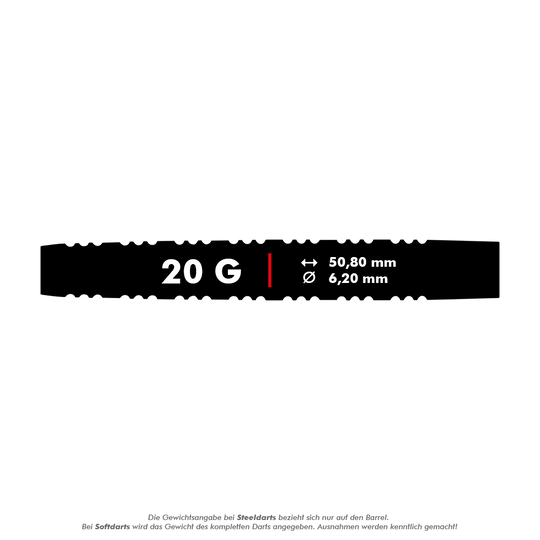Das Bild zeigt die Produktdetails der Red Dragon Nirvana Softdarts mit einem Gewicht von 20 Gramm. Die Darts haben eine Länge von 50,80 mm und einen Durchmesser von 6,20 mm.