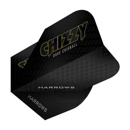 Harrow's Dave Chisnall Chizzy Series 3 Flights Das Bild zeigt das Produkt „Harrows Dave Chisnall Chizzy Series 3 Flights“. Die Flights sind schwarz mit gelber Schrift und tragen den Namen „Chizzy“ sowie „Dave Chisnall“.