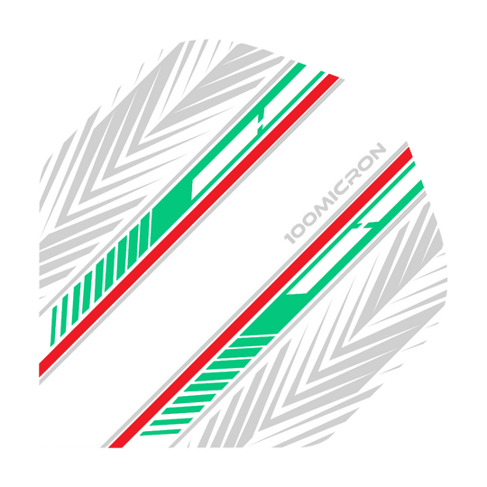 Pentathlon Flights white/green/red Das Bild zeigt einen Pentathlon White Green Red No2 Standard Flight für Darts. Das Design besteht aus weißen, grünen und roten Streifen sowie grauen Pfeilmustern auf weißem Hintergrund.