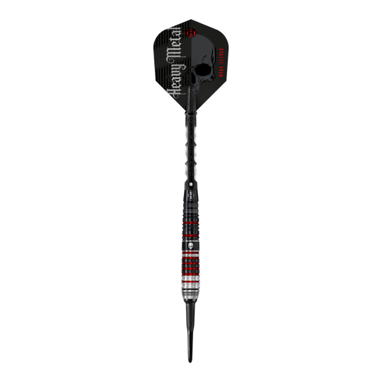 Harrow's Ryan Searle Heavy Metal Series 2 soft darts Das Bild zeigt einen Harrows Ryan Searle Heavy Metal Series 2 Softdart. Der Dartpfeil hat ein auffälliges Design mit schwarzen, roten und silbernen Akzenten sowie der Aufschrift "Heavy Metal" auf dem Flight.