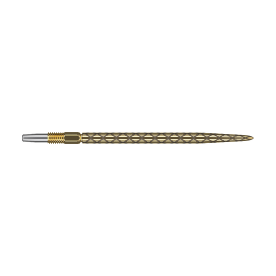 Target Swiss Diamond Pro Gold dart tips Das Bild zeigt eine goldene Dartspitze mit einem diamantförmigen Muster. Die Spitze ist schmal und hat am vorderen Ende einen silbernen Bereich.