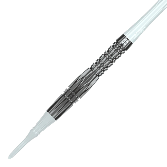 Das Bild zeigt die Caliburn Prisma P1 Softdarts mit einem Gewicht von 19g. Es ist ein modernes Dartprodukt für Freizeit und Turniere.