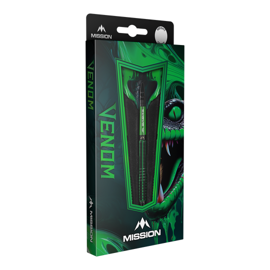 Mission Venom Softdarts - 20g Die Abbildung zeigt die Verpackung der "Mission Venom Softdarts - 20g". Das Design ist in Grün gehalten und zeigt einen Schlangenkopf sowie den Schriftzug "Venom".