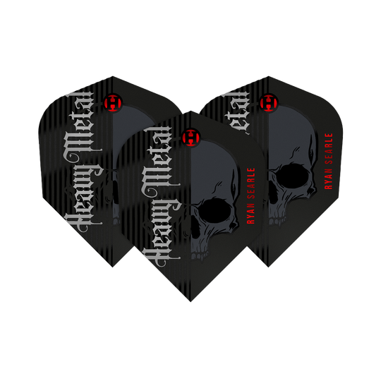 Das Bild zeigt drei Dartflights der Serie "Harrows Ryan Searle Heavy Metal Series 2". Die Flights sind schwarz mit einem Totenkopf-Design und den Aufschriften „Heavy Metal“ und „Ryan Searle“.