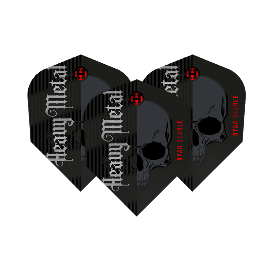 Harrow's Ryan Searle Heavy Metal Series 2 Flights Das Bild zeigt drei Dartflights der Serie "Harrows Ryan Searle Heavy Metal Series 2". Die Flights sind schwarz mit einem Totenkopf-Design und den Aufschriften „Heavy Metal“ und „Ryan Searle“.
