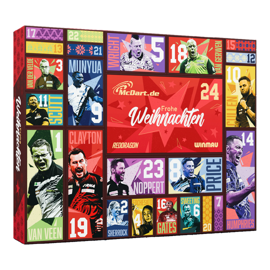Der McDart Steel-Darts Adventskalender 2026 ist abgebildet. Er enthält verschiedene Überraschungen für Dart-Fans.