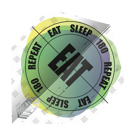 UN35_69020_Unicorn_Ultrafly_100_Eat_Sleep_180_Repeat_Plus_4-Motiv-Flights_1 Das Bild zeigt einen Dartflight mit dem Text "EAT SLEEP 180 REPEAT" in einem kreisförmigen Design. In der Mitte steht das Wort "EAT" in großen Buchstaben.