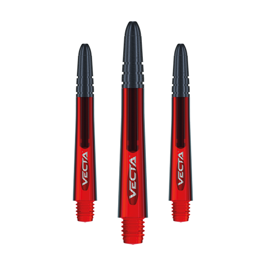 7025-203_Winmau_Vecta_Shafts_Rot_40mm_10SKgspeGSP8VK Auf dem Bild sind drei rote Winmau Vecta Shafts zu sehen. Die Schäfte haben schwarze Enden und tragen den Schriftzug "VECTA".