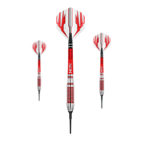 Red Dragon Reflex soft darts - 22 g Das Bild zeigt drei Red Dragon Reflex Softdarts mit einem Gewicht von 22 g. Die Darts haben rote und silberne Griffe sowie weiße Flights mit roten Mustern.