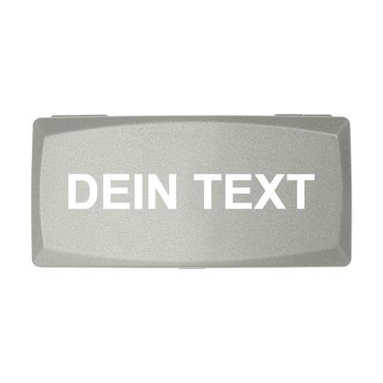 ABS box with custom print Auf dem Bild ist eine graue Box zu sehen. Auf der Box steht in weißen Buchstaben "DEIN TEXT".