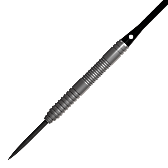 Bulls NL Lightning Red steel darts Das Bild zeigt einen Bulls NL Lightning Red Steeldart. Der Dartpfeil hat eine silberne, geriffelte Metalloberfläche und eine scharfe Spitze.
