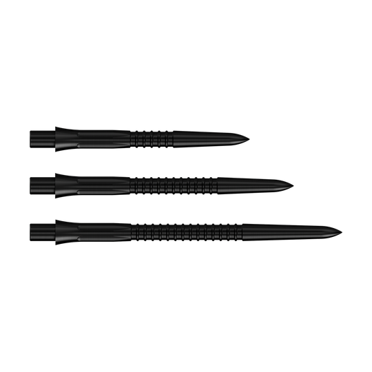 Abgebildet sind die Mission Caliburn EVO Dartspitzen GV1 in Schwarz. Diese Dartspitzen sind ideal für Steeldarts geeignet.