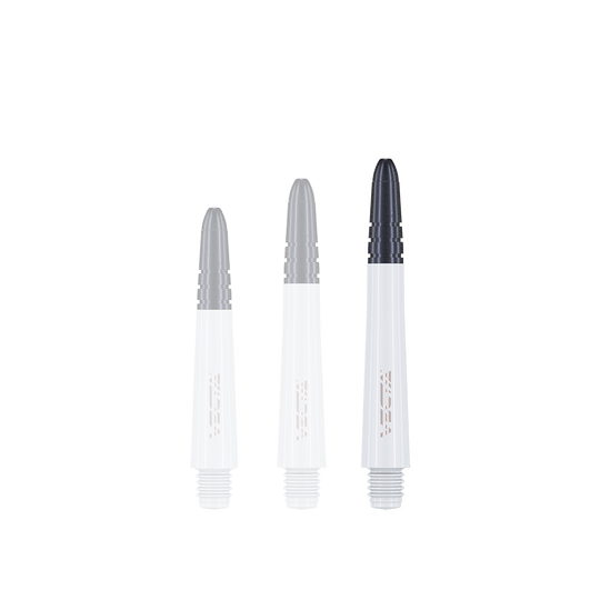 7025-202_Winmau_Vecta_Shafts_Weiss_40mm_1 Das Bild zeigt drei Winmau Vecta Shafts in Weiß. Die Shafts haben ein weißes Unterteil und ein schwarzes Oberteil.