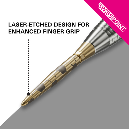 Target Swiss Storm Onyx Point Dart Tips - Gold Das Bild zeigt die goldene Target Swiss Storm Onyx Point Dartspitze mit einem lasergravierten Design. Dieses Design sorgt für einen verbesserten Fingergriff.