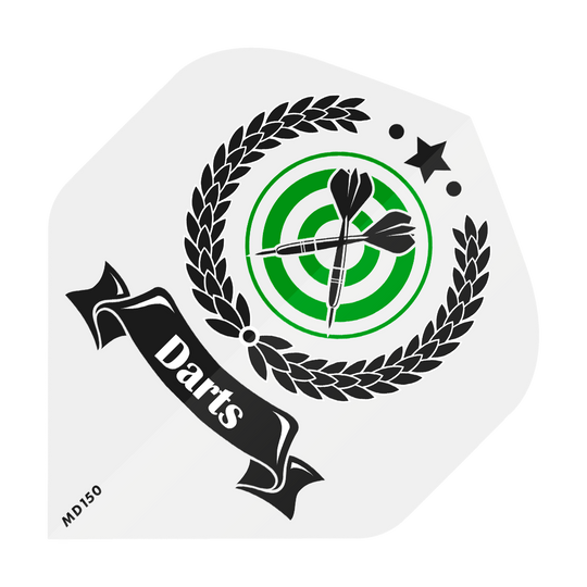 MD-201-Log_2-Seitig_Bedruckte_Flights_Logo_MD150_2 Das Bild zeigt ein grünes Dartscheiben-Ziel mit zwei schwarzen Pfeilen in der Mitte, umgeben von einem Lorbeerkranz. Ein schwarzes Band mit dem weißen Schriftzug "Darts" verläuft quer durch das Bild.