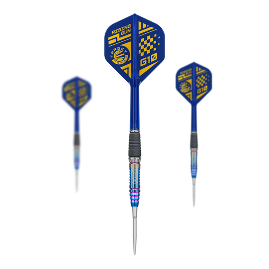 Target Japan Rising Sun GEN10 Swiss Point Steeldarts Abgebildet sind die Target Japan Rising Sun GEN10 Swiss Point Steeldarts als komplettes Set. Die Darts werden mit Schaft und Flights präsentiert.