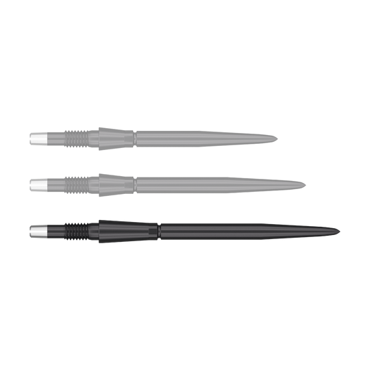 Target Swiss Storm Point Dart Tips - Black Das Bild zeigt drei schwarze Dartspitzen mit silbernen Enden. Sie sind nebeneinander in einer horizontalen Reihe angeordnet.