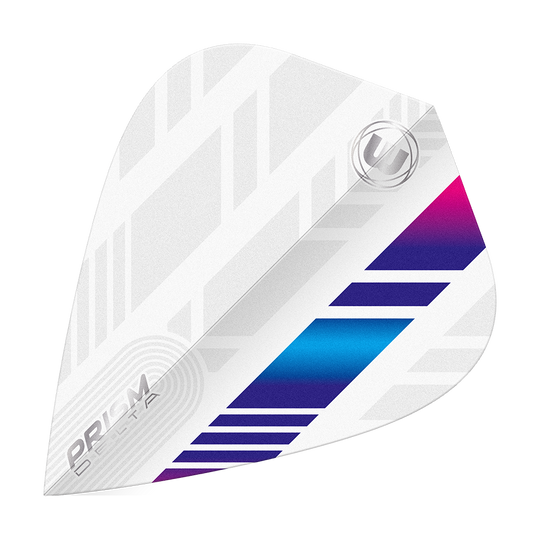 Das Bild zeigt ein weißes Dart-Flight mit blauen und violetten Akzenten. Das Design ist modern mit geometrischen Mustern und trägt die Aufschrift „PRISM DELTA“.