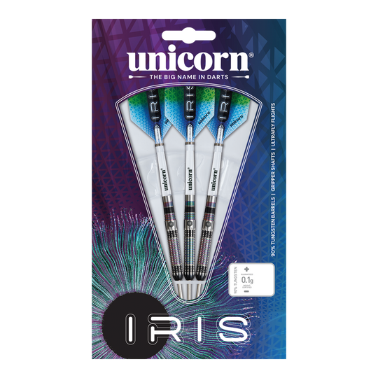 Das Bild zeigt eine Verpackung mit drei Steeldarts der Marke "Unicorn Iris". Die Darts haben silberne Schäfte und blaue Flights, und die Verpackung ist bunt gestaltet.