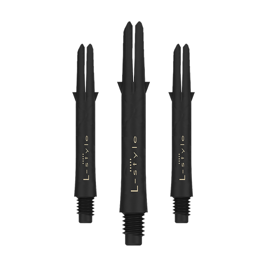 L style carbon shafts Das Bild zeigt drei schwarze Dartschäfte aus Carbon der Marke L-style. Die Schäfte sind ohne Kappen und haben eine Länge von 39 mm.