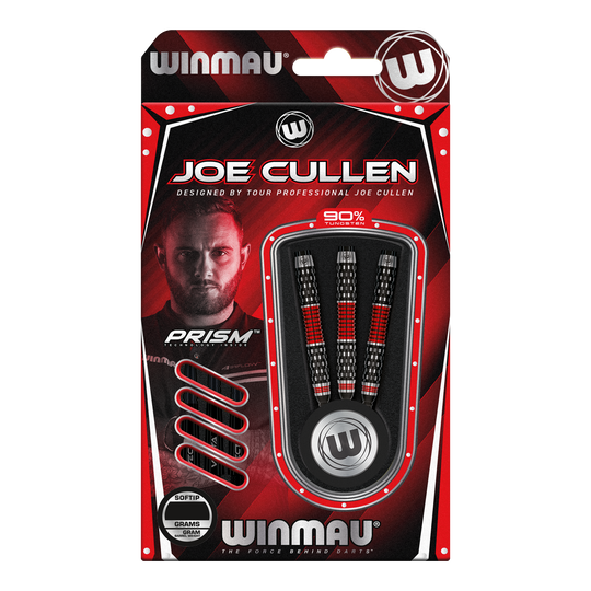 Winmau Joe Cullen Rockstar Series RS1 Soft Darts - 20g Die Abbildung zeigt die Winmau Joe Cullen Rockstar Series RS1 Softdarts mit 20g Gewicht. Die Darts sind in einer rot-schwarzen Verpackung und enthalten 90% Tungsten.