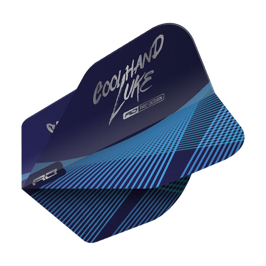 Das Bild zeigt die "Red Dragon Luke Humphries Coolhand Blue Silver No6 Flights" für Dartpfeile. Die Flights sind dunkelblau mit silberner und blauer Schrift und Linien gestaltet.