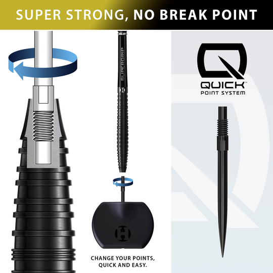 Harrows NX90 Black Edition Tapered Quick Point Steel Darts Auf dem Bild sind die Harrows NX90 Black Edition Tapered Quick Point Steeldarts zu sehen. Diese schwarzen Steeldarts sind für Präzision und Kontrolle konzipiert.