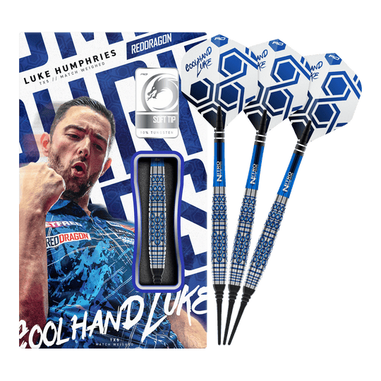 Red Dragon Luke Humphries TX5 Soft Darts - 20g Das Foto zeigt die Red Dragon Luke Humphries TX5 Softdarts - 20g in voller Länge. Sie sind für das Softdartspiel ausgelegt und wiegen 20 Gramm.