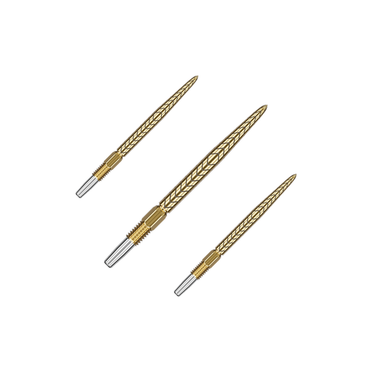 Target Swiss Point RVE dart tips - Gold Auf dem Bild sind drei goldene Dartspitzen mit silbernen Enden zu sehen. Sie sind fein gearbeitet und haben ein geprägtes Muster auf der Oberfläche.
