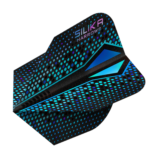 Harrows Silika Colorshift Tough Crystalline Coating Blue-X No6 Flights Das Bild zeigt einen Harrows Silika Colourshift Tough Crystalline Coating Blue-X No6 Flight. Das Dart-Flight hat ein schwarzes Design mit blauen und türkisfarbenen Punkten und geometrischen Mustern.